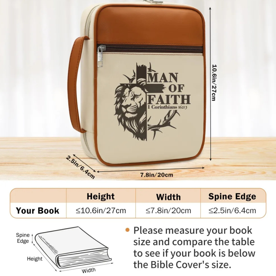 Covenant Cream Lion of Judah Man of Faith Bible case dimensions and Bible fit measurements shown in inches and centimeters.