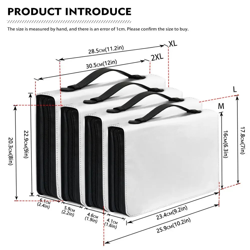 Bible carry case size chart showing measurements for M, L, XL, and XXL