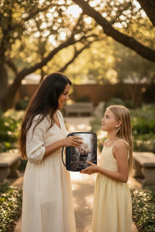Mother and daughter with a Scenic Scripture Bible Carry Bag during Bible time