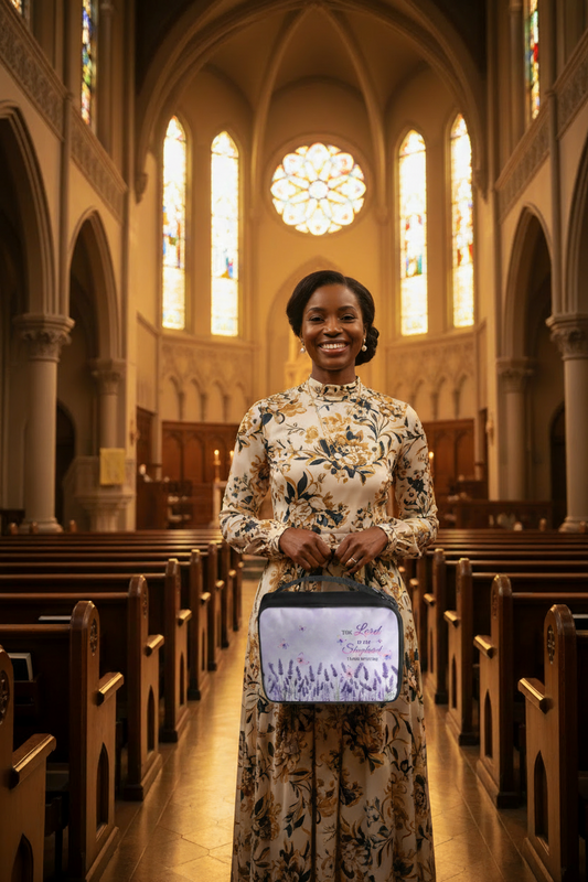 Black woman holding a lavender butterfly Bible carry bag at church