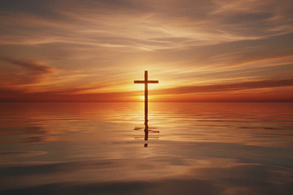 Sunset cross over calm water for the Testimony Ready gift card