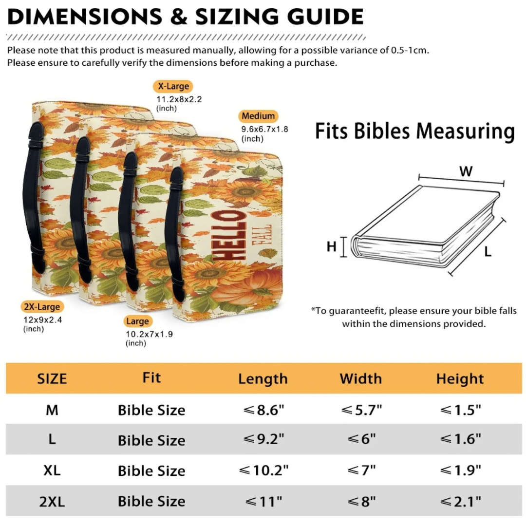 Hello Fall Bible case sizing guide showing M, L, XL, and 2XL Bible fit with length, width, and height measurements


