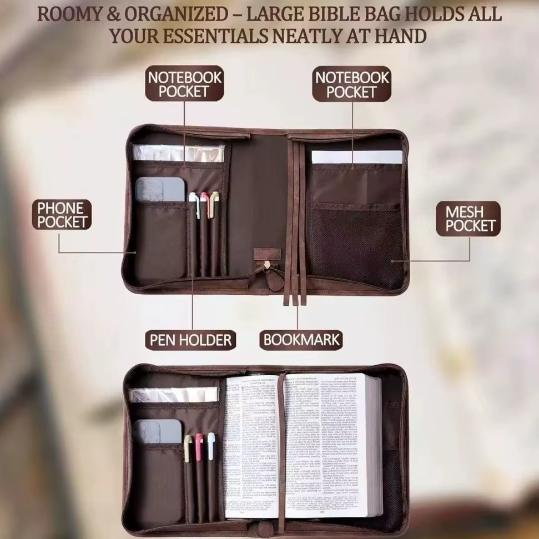 Steadfast Cross vegan leather Bible cover opened around a Bible, showing interior pockets and bookmark ribbon