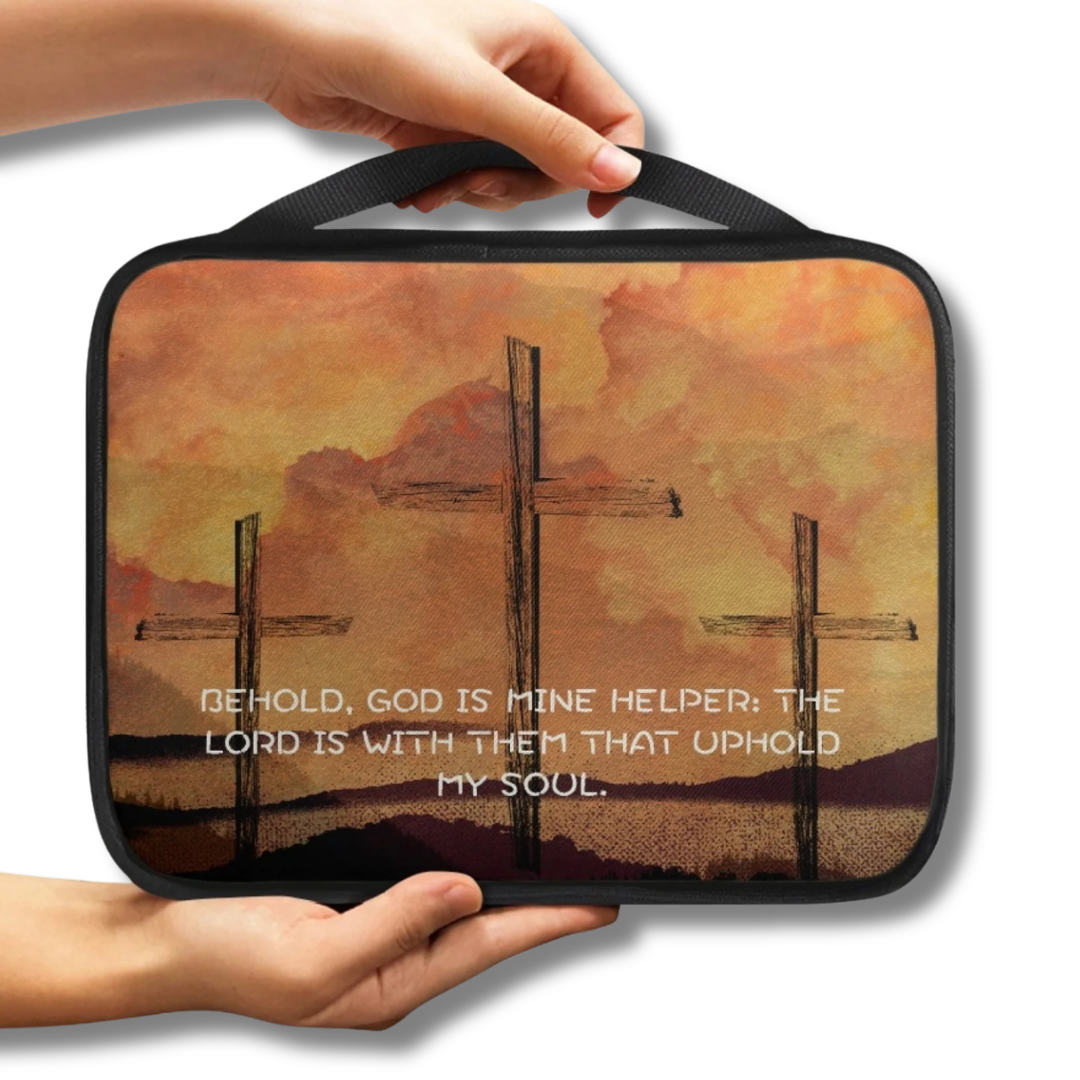 God Is My Helper Three Crosses Scenic Scripture Bible Carry Bag with cross artwork