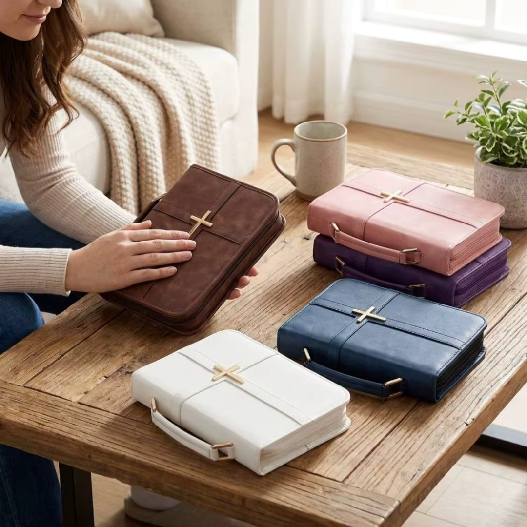 Brown, blue, and pink Steadfast Cross Bible covers arranged on a wooden table