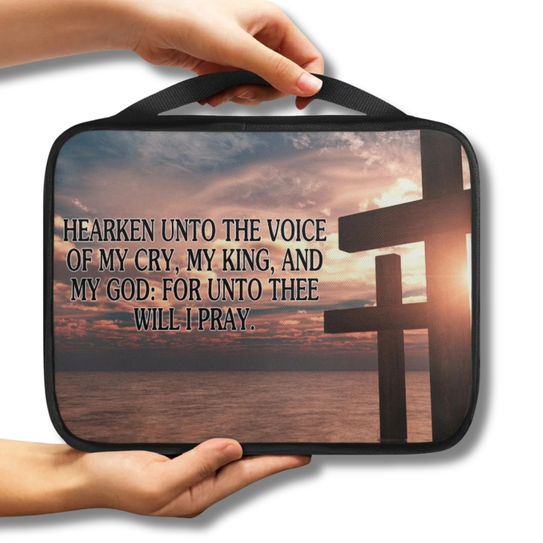 Hearken to My Cry Sunset Cross Scenic Scripture Bible Carry Bag with cross artwork