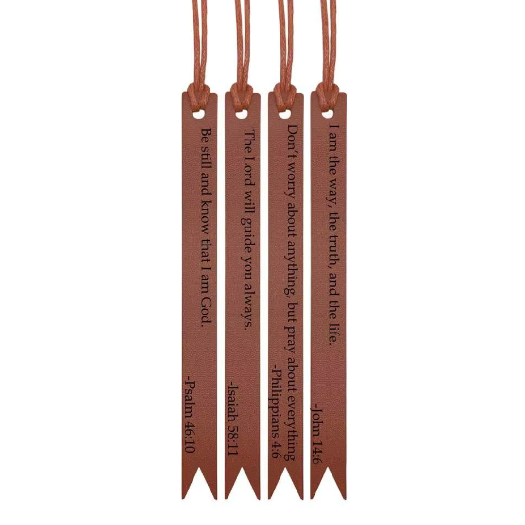 Four brown tasseled Scripture Verse bookmarks shown together.