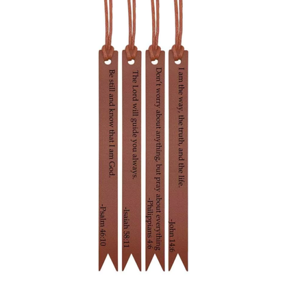 Four brown tasseled Scripture Verse bookmarks shown together.