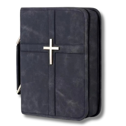 Midnight Vigil black vegan leather Bible cover with gold cross and side handle