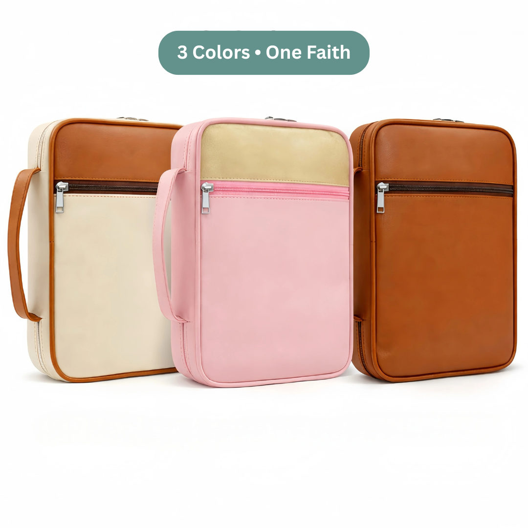 Three Quiet Faith Bible Cases in Faithful Sand, Mercy Pink, and Rooted Caramel