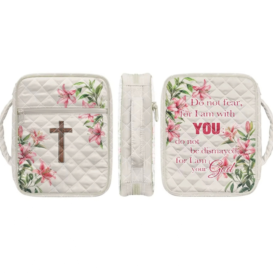 Front, back, and side views of the quilted Bible case with its side handle and zipper.