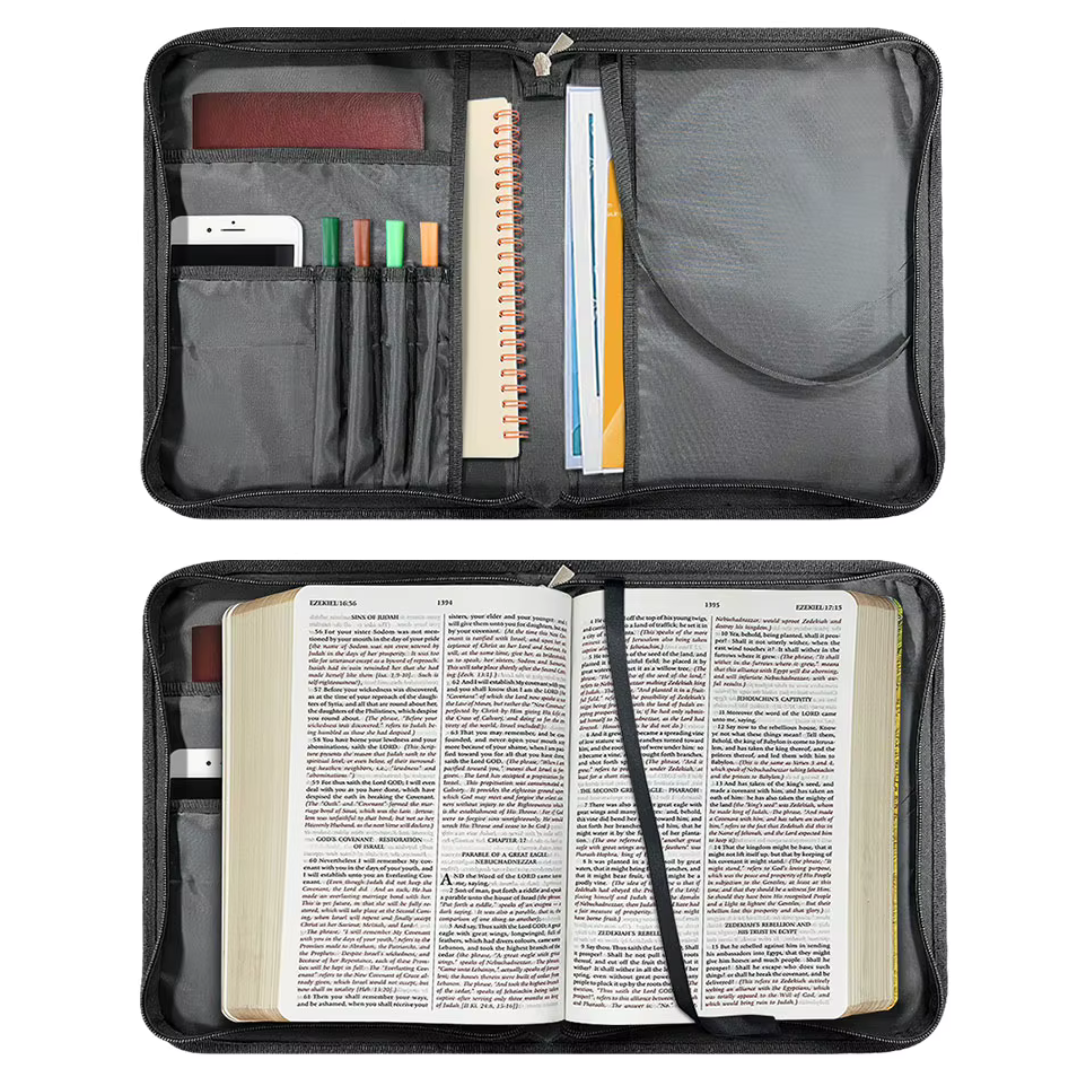 Hello Fall Bible case beside an open Bible
