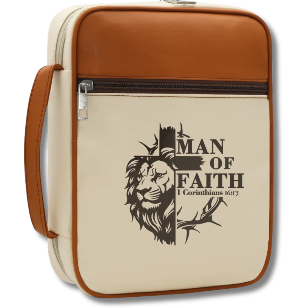 Covenant Cream Lion of Judah Man of Faith Bible case with front zippered pocket and carry handle 