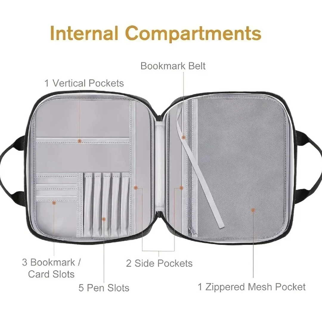 Open gray Study Companion Bible carry case showing interior compartments, pen slots, card slots, and storage pockets.