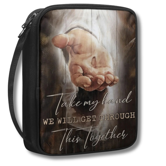 Scenic Scripture Bible Carry Bag beside an open Bible, showing scenic faith artwork and a top handle