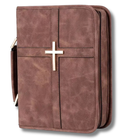 Cedar Grove brown vegan leather Bible cover with gold cross and side handle