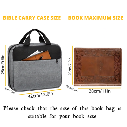 Study Companion Bible carry case dimensions and Bible fit measurements shown in inches and centimeters. 