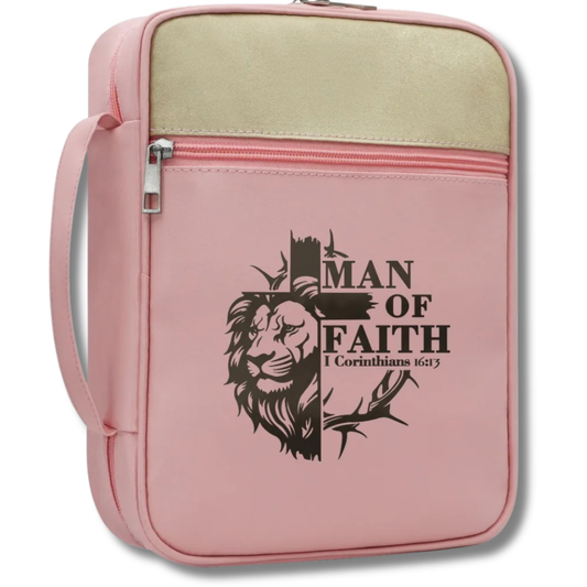 Rose of Grace pink Lion of Judah Man of Faith Bible case with front zippered pocket and carry handle 