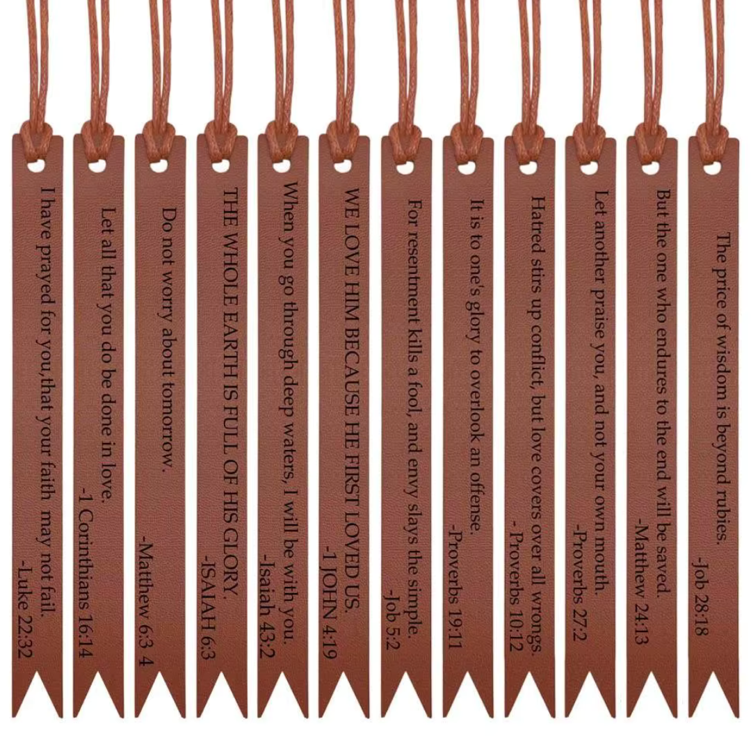 Twelve brown tasseled Scripture Verse bookmarks shown together.