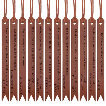 Twelve brown tasseled Scripture Verse bookmarks shown together.