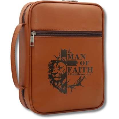 Lion’s Mane light brown Lion of Judah Man of Faith Bible case with front zippered pocket and carry handle