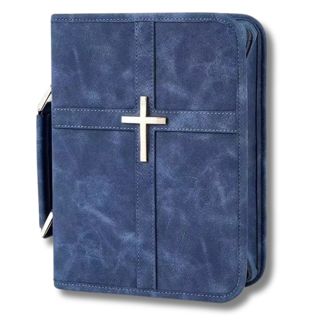 Still Waters navy blue vegan leather Bible cover with gold cross and side handle