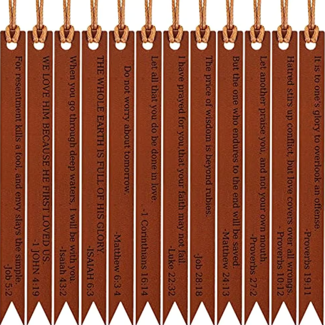Close-up of twelve brown Scripture Verse bookmarks showing examples of their printed phrases.
