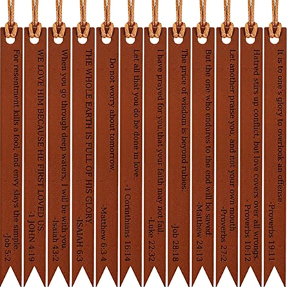 Close-up of twelve brown Scripture Verse bookmarks showing examples of their printed phrases.