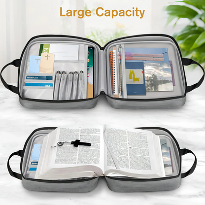 Open gray Study Companion Bible carry case showing large storage space for a Bible, notebook, pens, and study supplies. 
