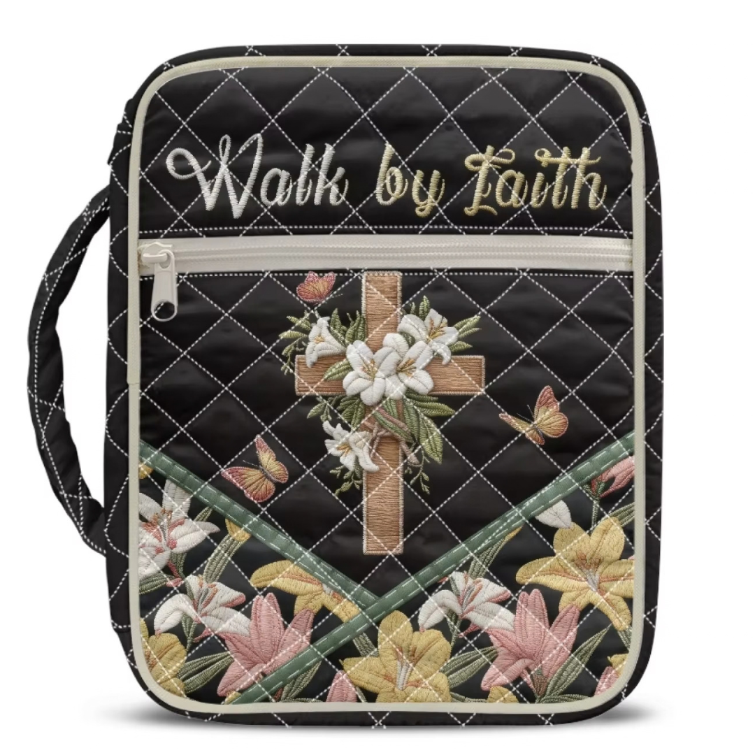 Black quilted Bible case with a floral cross and “Walk by Faith” design.