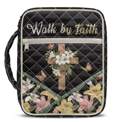 Black quilted Bible case with a floral cross and “Walk by Faith” design.