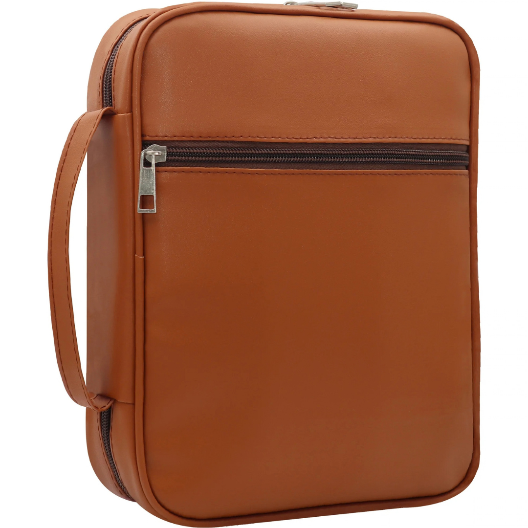 Rooted Caramel Quiet Faith Bible Case with front zipper pocket and side handle