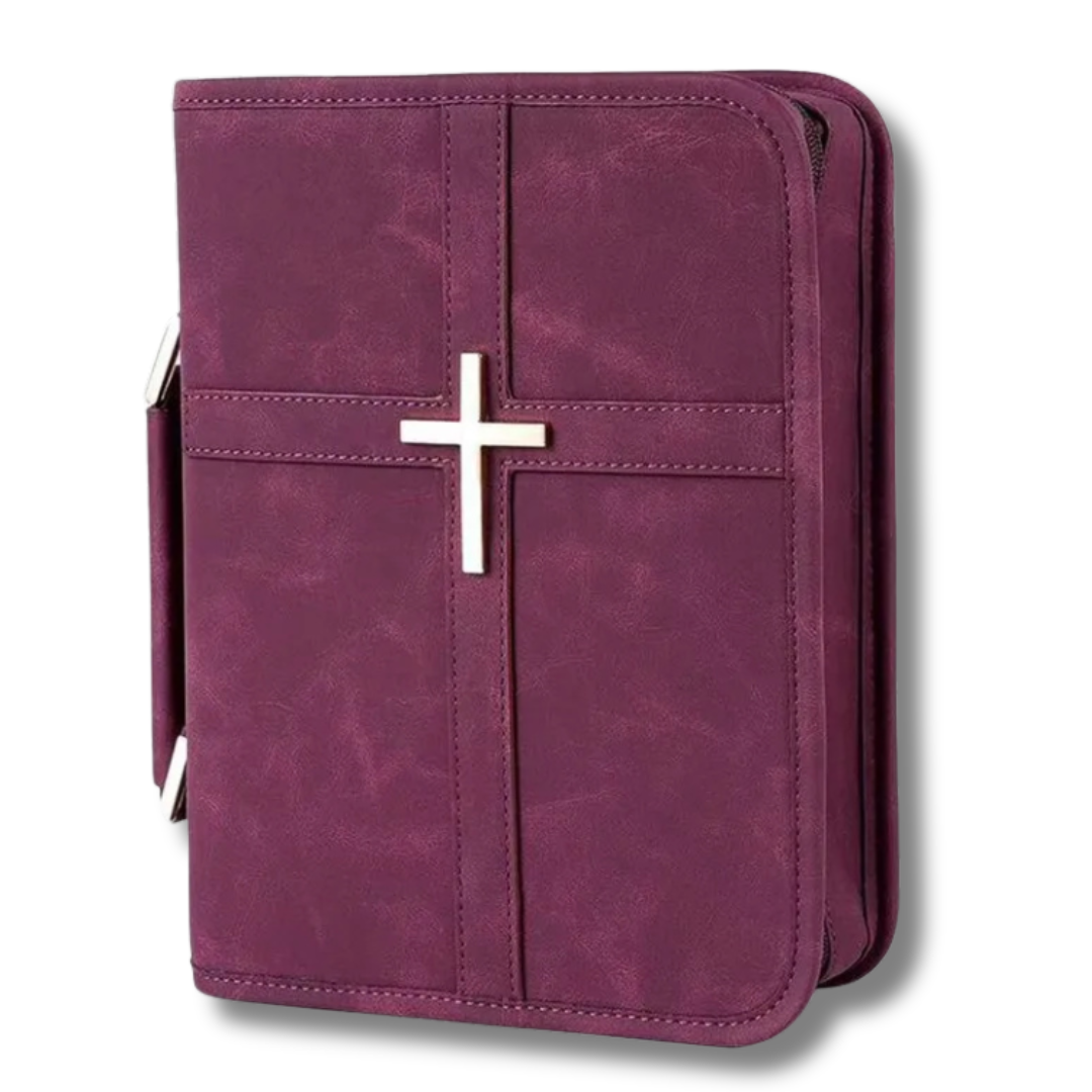 Crimson Covenant burgundy vegan leather Bible cover with gold cross and side handle