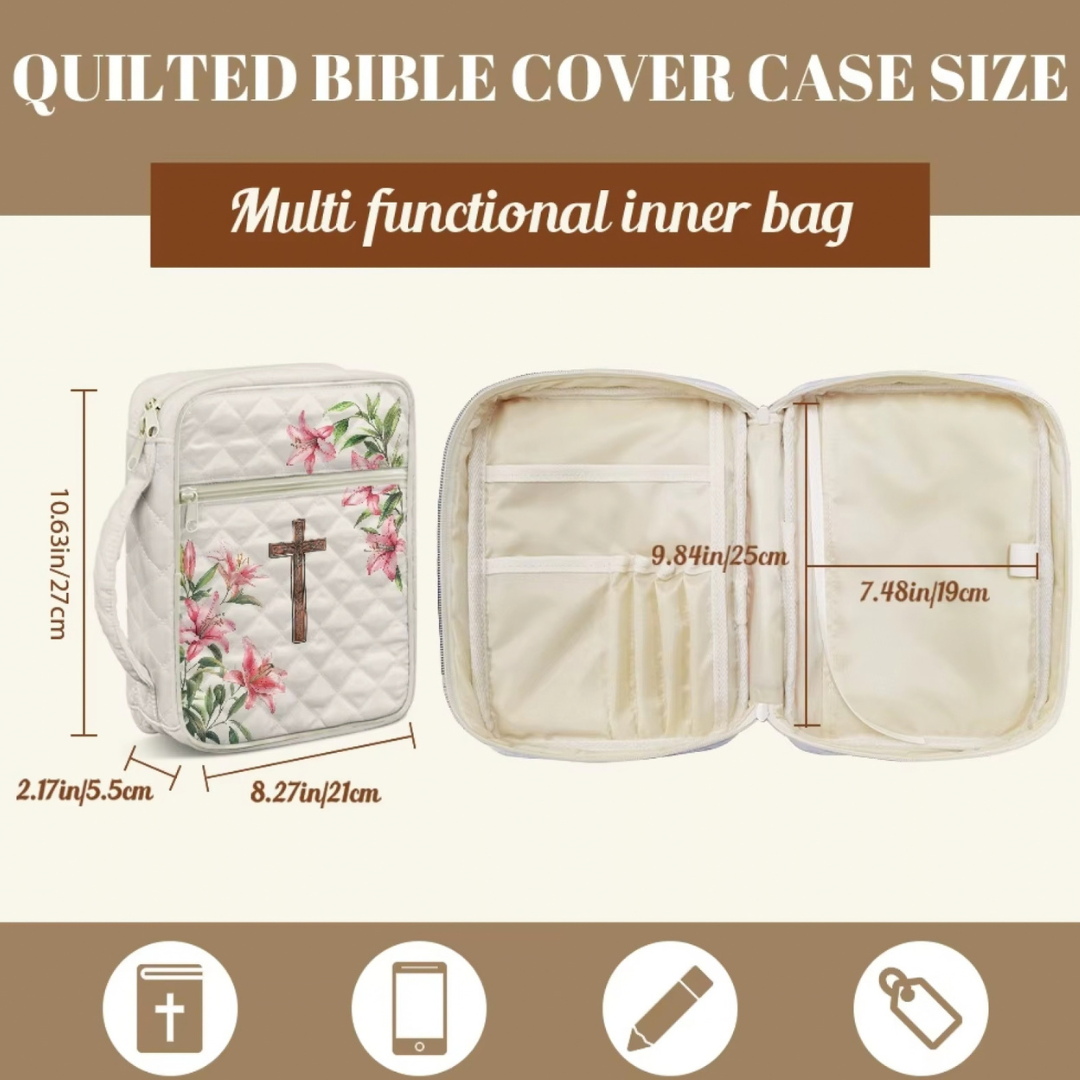 Medium Bible case shown open and closed with a size chart; maximum Bible fit is 9.84 × 7.48 × 1.97 inches.