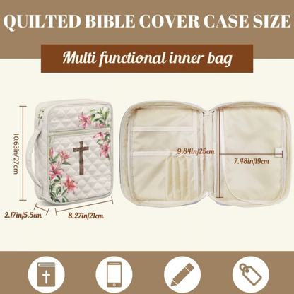 Medium Bible case shown open and closed with a size chart; maximum Bible fit is 9.84 × 7.48 × 1.97 inches.