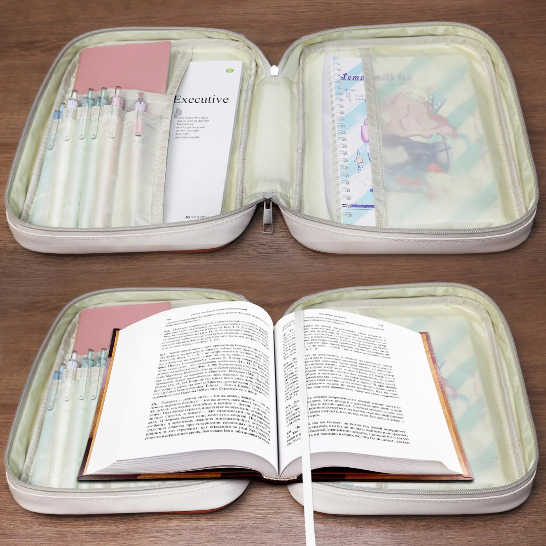 Quiet Faith Bible Case opened with a Bible and study supplies inside
