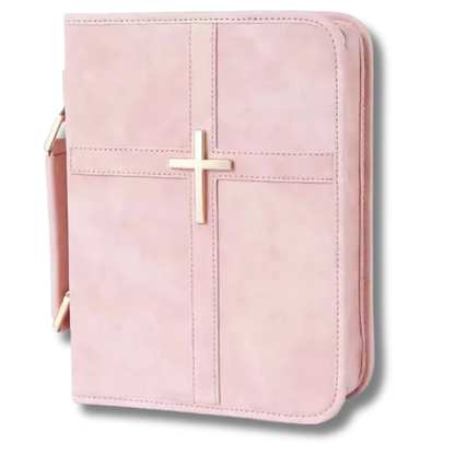 Rose of Sharon pink vegan leather Bible cover with gold cross and side handle