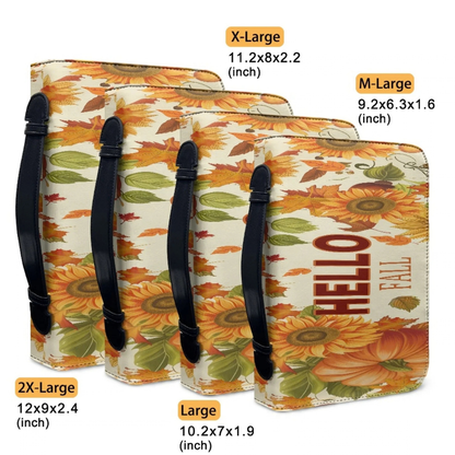 Hello Fall Bible cases shown in four sizes from M to 2XL, illustrating the visible size differences

