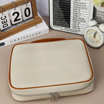 Faithful Sand Quiet Faith Bible Case showing its exterior in a home setting