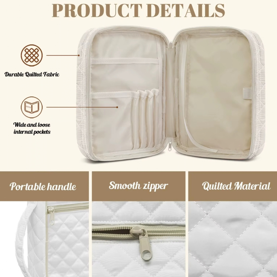 Closed quilted Bible case with its side handle and zipper beside an open Bible.