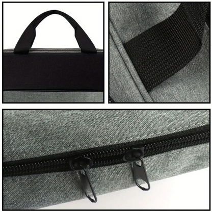 Close-up of the gray Study Companion Bible carry case showing its zipper, carry handle, and textured fabric exterior.