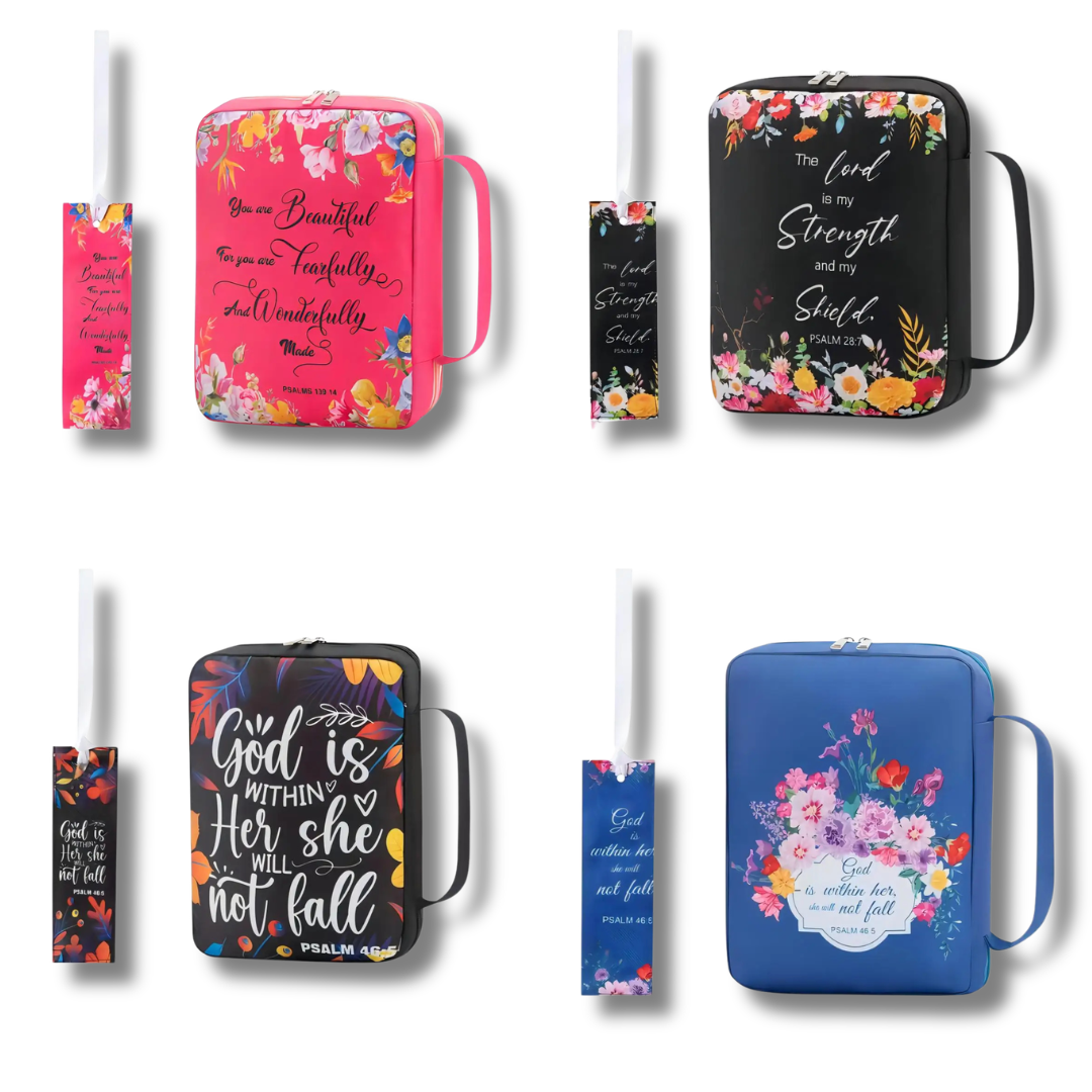 Grace in Bloom Bible carry bag collection with four floral designs and matching bookmarks