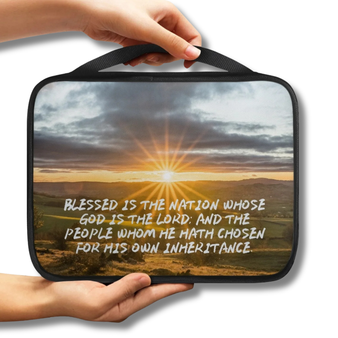 Blessed Is the Nation Sunrise Glory Scenic Scripture Bible Carry Bag with faith artwork