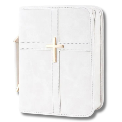 Lily White white vegan leather Bible cover with gold cross and side handle