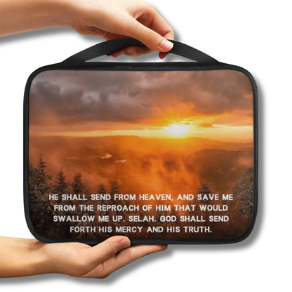 He Shall Send From Heaven Fiery Sunset Scenic Scripture Bible Carry Bag with scenic artwork