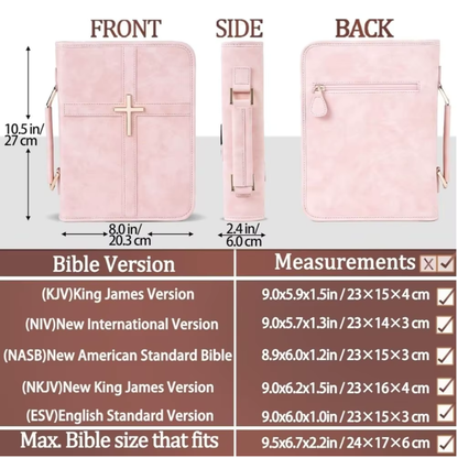 Steadfast Cross Bible cover features showing gold cross, pen holder, water-resistant material, and outer pocket
