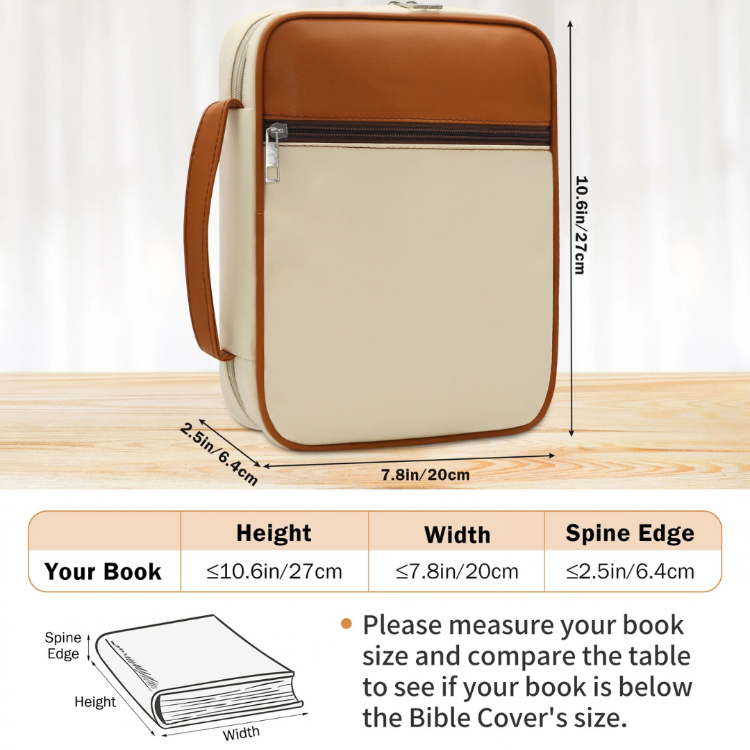 Quiet Faith Bible Case size chart showing the maximum Bible fit of 10.6 inches high, 7.8 inches wide, and 2.5 inches thick