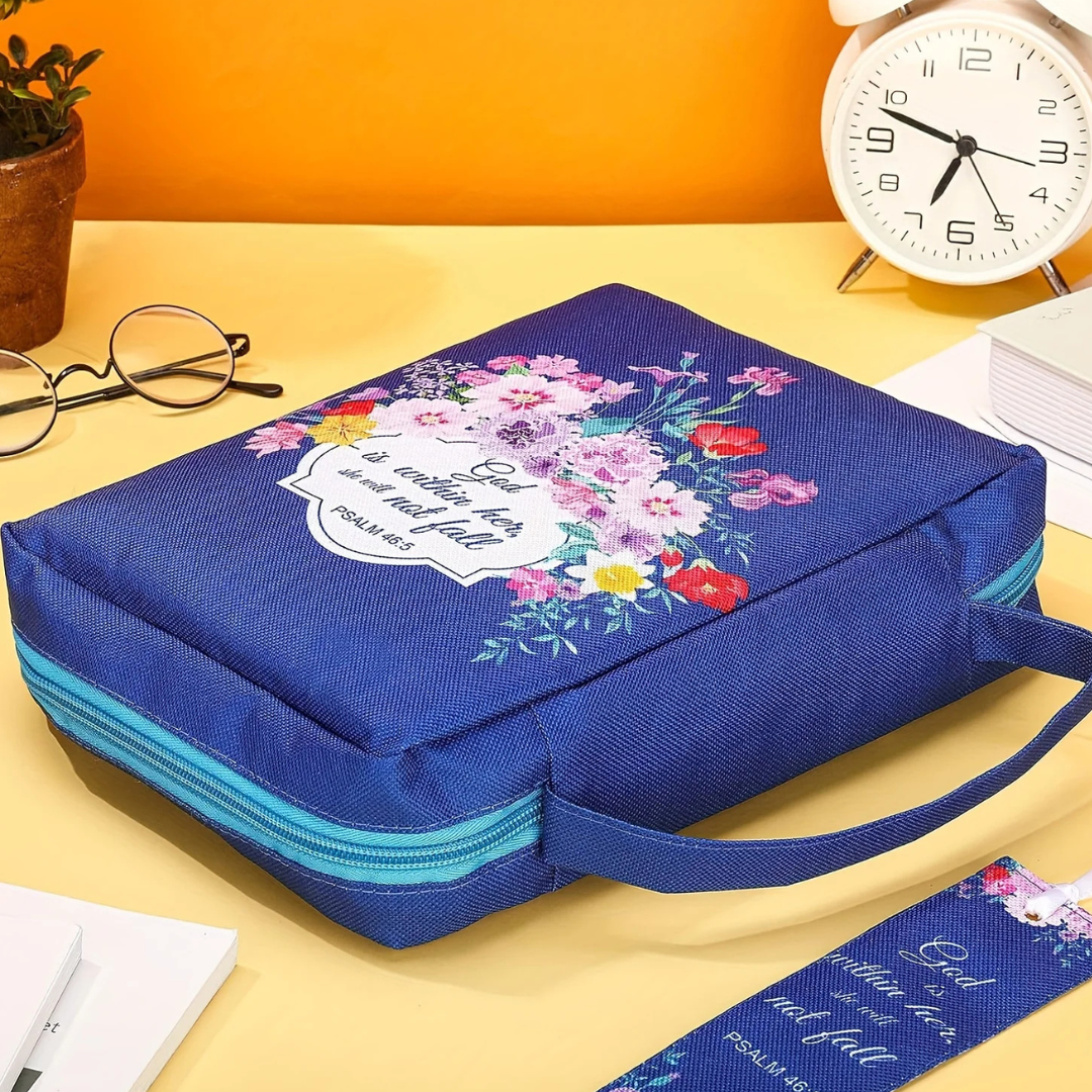 Blue floral Grace in Bloom Bible carry bag lying flat
