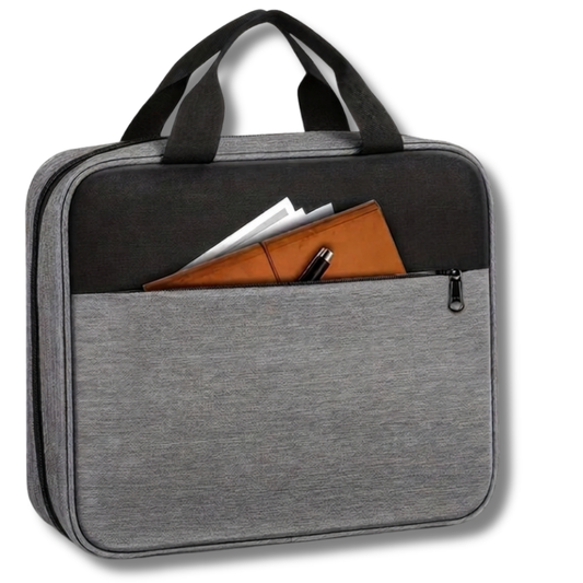 Front view of the gray Study Companion Bible carry case with two handles and secure zipper closure