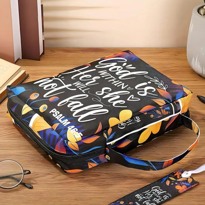 She Will Not Fail Midnight Bloom Bible carry bag lying flat